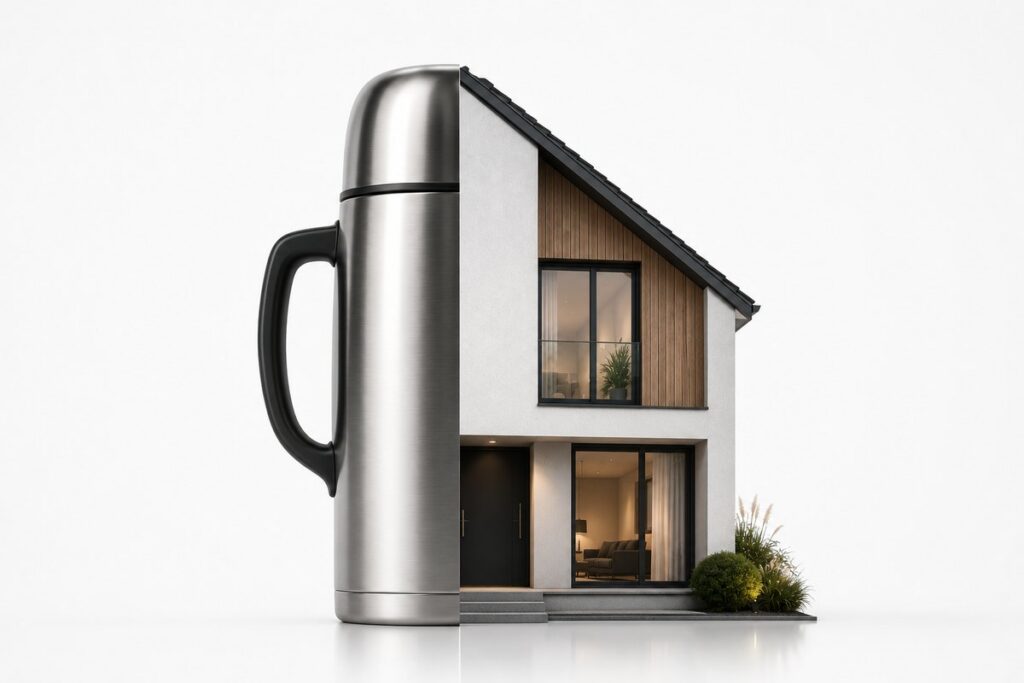 A residential building whose left half is rendered as a thermos flask — the coating keeps the warmth inside the building instead of making the wall thicker.